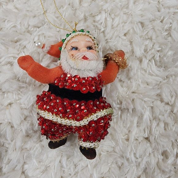 Vintage Mr & Ms Claus Christmas Tree Ornaments Beaded Sequin Felted Figures - Picture 7 of 12